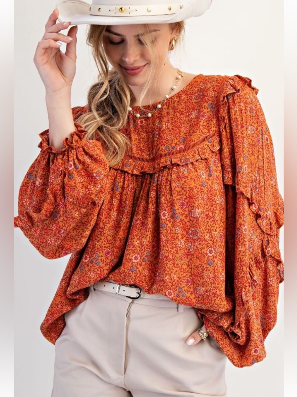 Boho Ruffle Peasant Blouse - Orange Floral